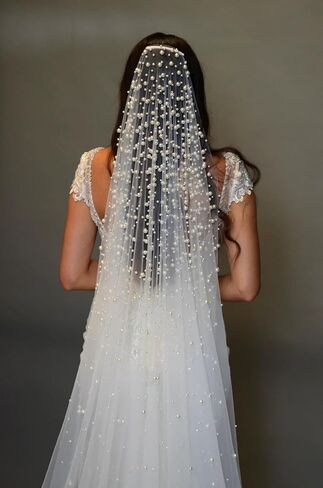 Passat Pearl Bridal Veil For Wedding Pearl Cathedral Bridal Veils Long Pearl Wedding Veils For Brides Ivory in Kuwait