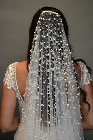 Passat Pearl Bridal Veil For Wedding Pearl Cathedral Bridal Veils Long Pearl Wedding Veils For Brides Ivory in Kuwait