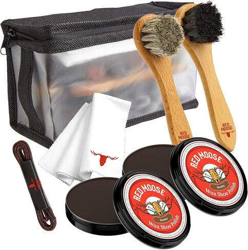 Full Leather Wax Shoe Polish Kit - 2x Brush, Buffing Cloth, Travel Case, Laces - Red Moose in Kuwait
