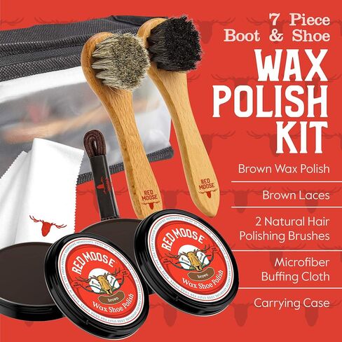 Full Leather Wax Shoe Polish Kit - 2x Brush, Buffing Cloth, Travel Case, Laces - Red Moose in Kuwait
