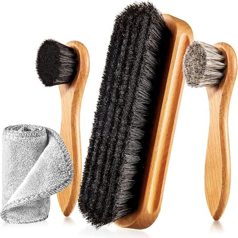 4 Pcs Horsehair Shoe Brush Kit Polishing Daubers Applicators Leather Care Brushes Shine Cleaning Cloth with Cloth(Shoe Brush Set D) in Kuwait