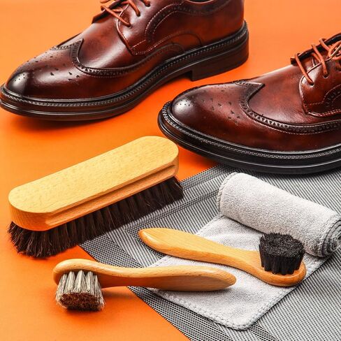 4 Pcs Horsehair Shoe Brush Kit Polishing Daubers Applicators Leather Care Brushes Shine Cleaning Cloth with Cloth(Shoe Brush Set D) in Kuwait