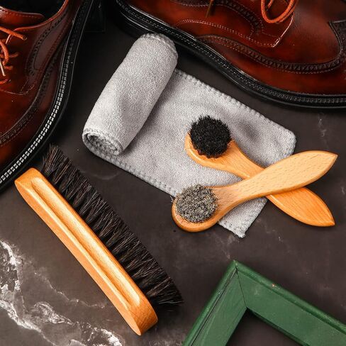 4 Pcs Horsehair Shoe Brush Kit Polishing Daubers Applicators Leather Care Brushes Shine Cleaning Cloth with Cloth(Shoe Brush Set D) in Kuwait