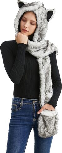 قبعة شتوية من الفرو الصناعي متعددة الوظائف بغطاء للرأس مع وشاح وقفاز وكفوف-في واحد كومبو لحفلات عيد الميلاد والهالوين in Kuwait