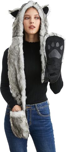 قبعة شتوية من الفرو الصناعي متعددة الوظائف بغطاء للرأس مع وشاح وقفاز وكفوف-في واحد كومبو لحفلات عيد الميلاد والهالوين in Kuwait