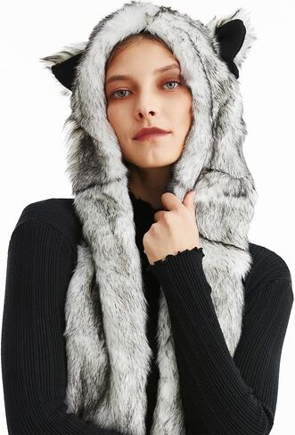 قبعة شتوية من الفرو الصناعي متعددة الوظائف بغطاء للرأس مع وشاح وقفاز وكفوف-في واحد كومبو لحفلات عيد الميلاد والهالوين in Kuwait