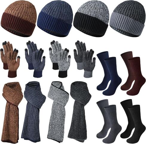 Suhine 16 Pcs Winter Warm Accessory Knit Set Include Beanie Hat Skull Caps Long Neck Scarf Touch Screen Gloves Combed Cotton Socks for Men, Classic Colors in Saudi Arabia