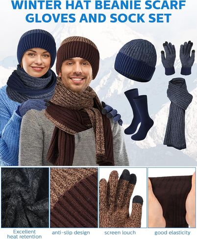 Suhine 16 Pcs Winter Warm Accessory Knit Set Include Beanie Hat Skull Caps Long Neck Scarf Touch Screen Gloves Combed Cotton Socks for Men, Classic Colors in Saudi Arabia