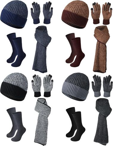 Suhine 16 Pcs Winter Warm Accessory Knit Set Include Beanie Hat Skull Caps Long Neck Scarf Touch Screen Gloves Combed Cotton Socks for Men, Classic Colors in Saudi Arabia