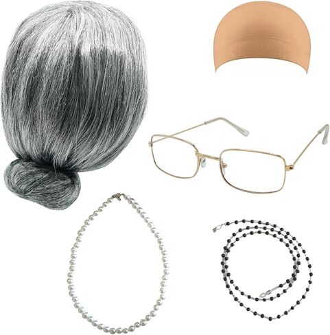 4E's Novelty Old Lady Costume for Kids - 5 Pcs Set for 100th Day of School Grandma Costume for Kids Girls, Gray Wig, Glasses with Chain, Wig Cap, Necklace in Saudi Arabia