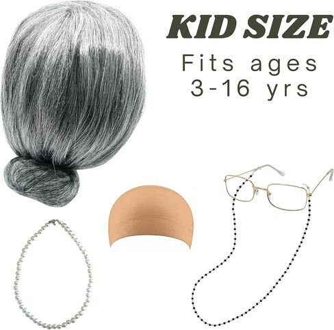 4E's Novelty Old Lady Costume for Kids - 5 Pcs Set for 100th Day of School Grandma Costume for Kids Girls, Gray Wig, Glasses with Chain, Wig Cap, Necklace in Saudi Arabia