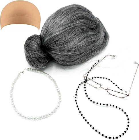 4E's Novelty Old Lady Costume for Kids - 5 Pcs Set for 100th Day of School Grandma Costume for Kids Girls, Gray Wig, Glasses with Chain, Wig Cap, Necklace in Saudi Arabia