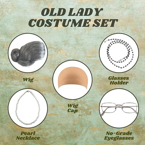 4E's Novelty Old Lady Costume for Kids - 5 Pcs Set for 100th Day of School Grandma Costume for Kids Girls, Gray Wig, Glasses with Chain, Wig Cap, Necklace in Saudi Arabia