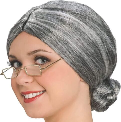 4E's Novelty Old Lady Costume for Kids - 5 Pcs Set for 100th Day of School Grandma Costume for Kids Girls, Gray Wig, Glasses with Chain, Wig Cap, Necklace in Saudi Arabia