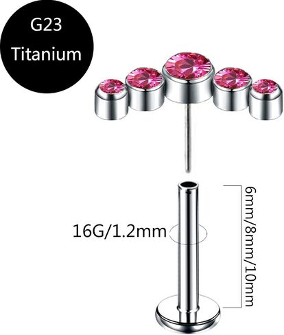 1pcs G23 Titanium 16G 6mm/8mm/10mm Press Fit Threadless Push Pop Five Pink/White CZ Top 4mm Flat Back Cubic Zirconia Piercing Lip Stud Earring Labret Monroe Lip Ring Tragus Cartilage Earring Stud in Kuwait