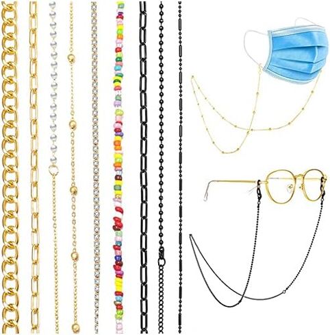 17 MILE 9 PCS Face Mask Chain Holder Around Neck for Women, Gold and Black Glasses Chain and Cords Lanyard Set Anti-Lost in Kuwait