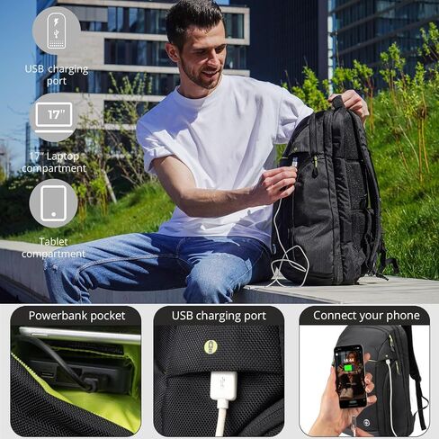 حقيبة ظهر للسفر جافا بتصميم سويسري ديجيتال للرجال، حقيبة ظهر كبيرة لأجهزة الكمبيوتر المحمول مقاس 17 بوصة مع منفذ شحن USB in Kuwait