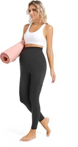 V VOCNI Maternity Fleece Lined Leggings with Pockets Over The Belly Yoga Pants Thermal Winter Workout Leggings for Women in Kuwait