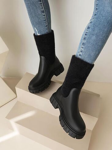 LOIRIT Women's Chelsea Ankle Boots Platform Plush Elastic Chunky Heel Lug Sole Booties in Saudi Arabia