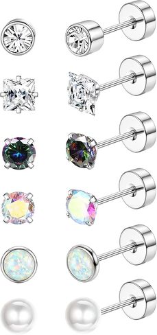 FIASASO 6Pairs Flatback Surgical Stainless Steel Stud Earrings for Women Men CZ Opal Pearl Screw Back Earrings Cartilage Earrings Sleep Hypoallergenic Earrings for Sensitive Ears in Saudi Arabia