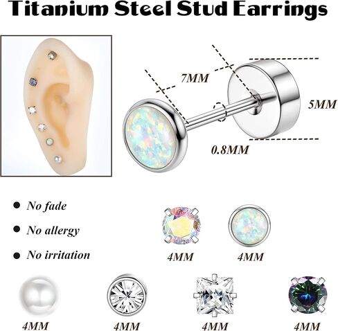 FIASASO 6Pairs Flatback Surgical Stainless Steel Stud Earrings for Women Men CZ Opal Pearl Screw Back Earrings Cartilage Earrings Sleep Hypoallergenic Earrings for Sensitive Ears in Saudi Arabia