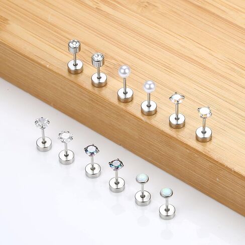 FIASASO 6Pairs Flatback Surgical Stainless Steel Stud Earrings for Women Men CZ Opal Pearl Screw Back Earrings Cartilage Earrings Sleep Hypoallergenic Earrings for Sensitive Ears in Saudi Arabia