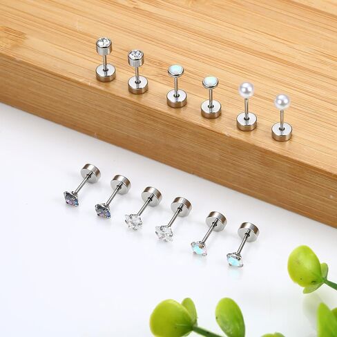 FIASASO 6Pairs Flatback Surgical Stainless Steel Stud Earrings for Women Men CZ Opal Pearl Screw Back Earrings Cartilage Earrings Sleep Hypoallergenic Earrings for Sensitive Ears in Saudi Arabia