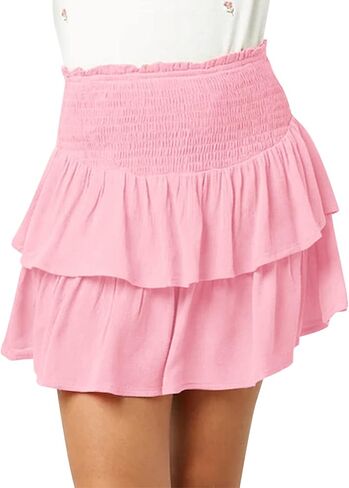Newffr Girls Smocked Ruffle Mini Skirts Cute High Elastic Waisted Tiered Short Skirt with Shorts Underneath Pink in Saudi Arabia