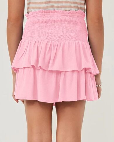 Newffr Girls Smocked Ruffle Mini Skirts Cute High Elastic Waisted Tiered Short Skirt with Shorts Underneath Pink in Saudi Arabia