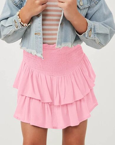 Newffr Girls Smocked Ruffle Mini Skirts Cute High Elastic Waisted Tiered Short Skirt with Shorts Underneath Pink in Saudi Arabia
