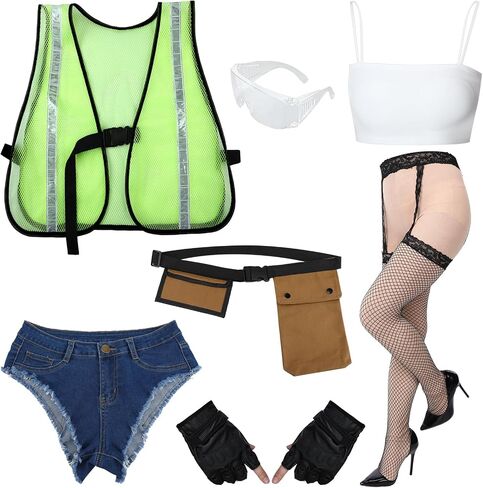 TecUnite 7 Pcs Women Construction Worker Costume Set Halloween Cosplay Costume for Women Includes Top Vest Shorts Belt with Pouch Gloves Glasses and Stockings for Halloween Party in Kuwait