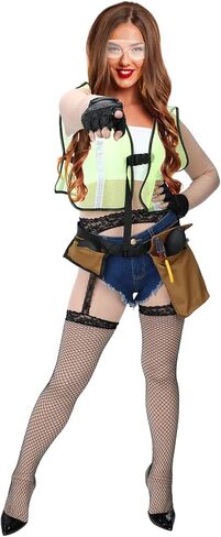 TecUnite 7 Pcs Women Construction Worker Costume Set Halloween Cosplay Costume for Women Includes Top Vest Shorts Belt with Pouch Gloves Glasses and Stockings for Halloween Party in Kuwait