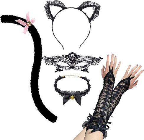 زي تنكري للقطط السوداء، يتضمن أذنين من الدانتيل القطة، قناع تنكري، قلادة، قفازات، زينة لذيل القط في عيد القديسين طقم زي القطة المثير لحفلات الهالوين التنكرية in Kuwait