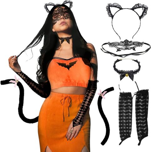 زي تنكري للقطط السوداء، يتضمن أذنين من الدانتيل القطة، قناع تنكري، قلادة، قفازات، زينة لذيل القط في عيد القديسين طقم زي القطة المثير لحفلات الهالوين التنكرية in Kuwait
