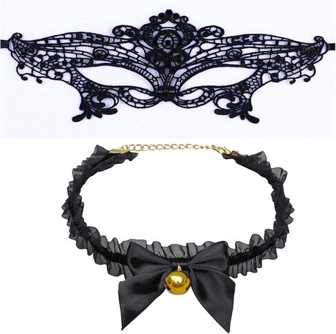 زي تنكري للقطط السوداء، يتضمن أذنين من الدانتيل القطة، قناع تنكري، قلادة، قفازات، زينة لذيل القط في عيد القديسين طقم زي القطة المثير لحفلات الهالوين التنكرية in Kuwait