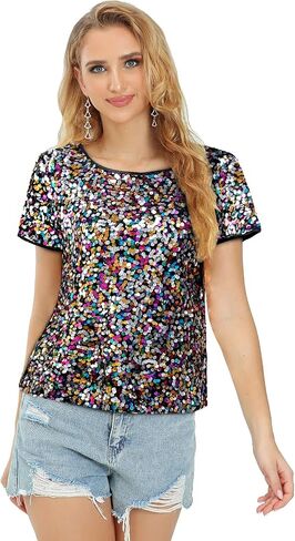 Womens Full Sequin Sparkle Tops Shimmer Glitter Round Neck Short Sleeve Shirt Summer Disco Party Tee Shirts Tunic Blouse in Kuwait