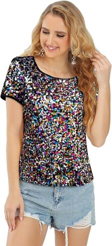 Womens Full Sequin Sparkle Tops Shimmer Glitter Round Neck Short Sleeve Shirt Summer Disco Party Tee Shirts Tunic Blouse in Kuwait