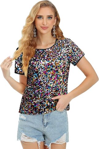 Womens Full Sequin Sparkle Tops Shimmer Glitter Round Neck Short Sleeve Shirt Summer Disco Party Tee Shirts Tunic Blouse in Kuwait