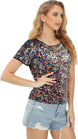Womens Full Sequin Sparkle Tops Shimmer Glitter Round Neck Short Sleeve Shirt Summer Disco Party Tee Shirts Tunic Blouse in Kuwait