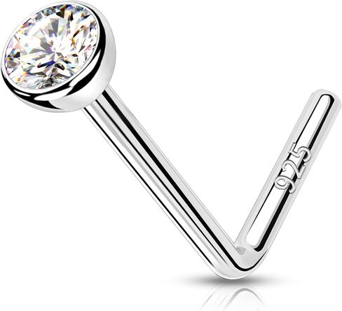 MeIighting 925 الفضة الاسترليني الأنف مسمار L على شكل حلقة الأنف 20G الصلبة الفضة ثقب الأنف مجوهرات واضحة جولة تشيكوسلوفاكيا للنساء الرجال ثقب الأنف in Kuwait