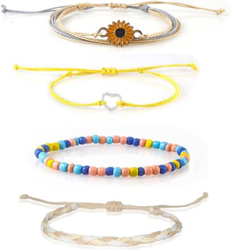 COLORFUL BLING 4-piece Summer Surf Anklet Bracelet Adjustable Chain Braided Rope Bracelet Sunflower Heart Beads Friendship Bracelet Beach Surf Jewelry Girl in Kuwait