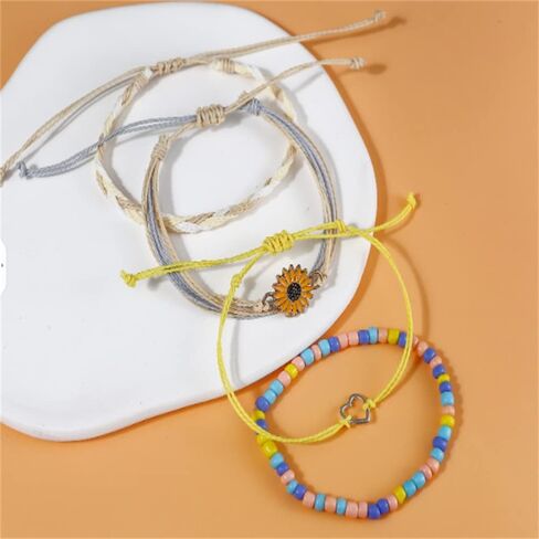 COLORFUL BLING 4-piece Summer Surf Anklet Bracelet Adjustable Chain Braided Rope Bracelet Sunflower Heart Beads Friendship Bracelet Beach Surf Jewelry Girl in Kuwait