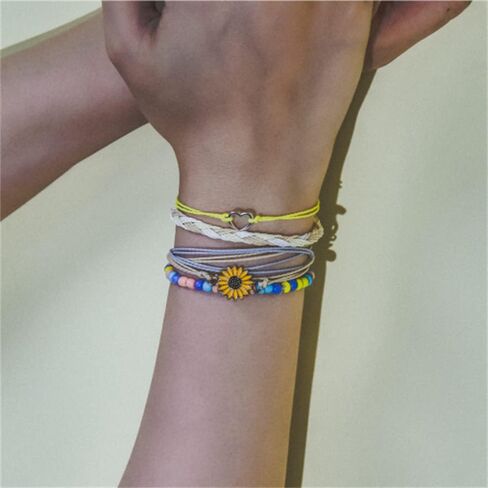 COLORFUL BLING 4-piece Summer Surf Anklet Bracelet Adjustable Chain Braided Rope Bracelet Sunflower Heart Beads Friendship Bracelet Beach Surf Jewelry Girl in Kuwait