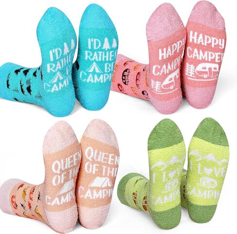 التخييم النساء القطيفة طاقم الجوارب 4 زوج RV خيمة المعسكر الدب أنماط منتصف العجل طول الشتاء جوارب سميكة المعلم النساء الفتيات السيدات مضحك مخيم الجوارب عطلة مهرجان هدية للزوجة ابنة صديق in Kuwait