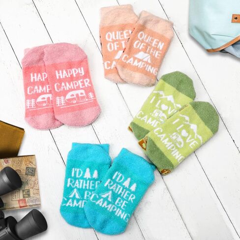 التخييم النساء القطيفة طاقم الجوارب 4 زوج RV خيمة المعسكر الدب أنماط منتصف العجل طول الشتاء جوارب سميكة المعلم النساء الفتيات السيدات مضحك مخيم الجوارب عطلة مهرجان هدية للزوجة ابنة صديق in Kuwait