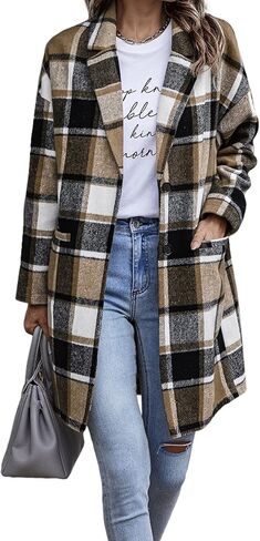 JULGIRL Women's Plaid Shacket Jacket Lapel Collar Button Down Long Sleeve Tartan Trench Coat Jacket in Kuwait