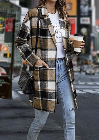 JULGIRL Women's Plaid Shacket Jacket Lapel Collar Button Down Long Sleeve Tartan Trench Coat Jacket in Kuwait