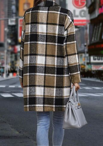 JULGIRL Women's Plaid Shacket Jacket Lapel Collar Button Down Long Sleeve Tartan Trench Coat Jacket in Kuwait