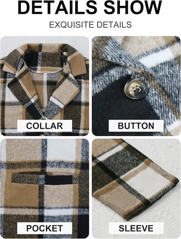 JULGIRL Women's Plaid Shacket Jacket Lapel Collar Button Down Long Sleeve Tartan Trench Coat Jacket in Kuwait