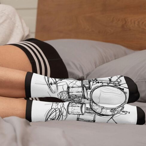 Graffiti Sketch Drummer Music Men's Unisex Novelty Crew Socks Funny Crazy Dress Socks, Black and White in Saudi Arabia